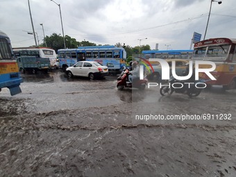 A flooded street at the Heavy monsoon rains in Kolkata on July 28,2021. (