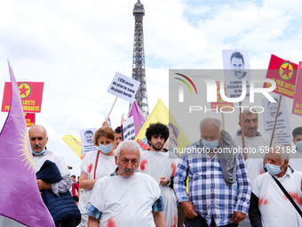 Kurdish demonstrators in front of the Eiffel Tower to defend the PKK in Paris, France, on July 28, 2021. Kurds from all over Europe gathered...