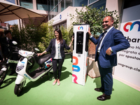 Rome's mayor Virginia Raggi (L) and managing director of On Group, Alessandro Di Meo attend Inauguration of the Charge and Share pilot proje...