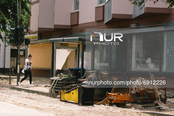 a destroyed bus station is seen in Stolberg, Germany on July 28, 2021 