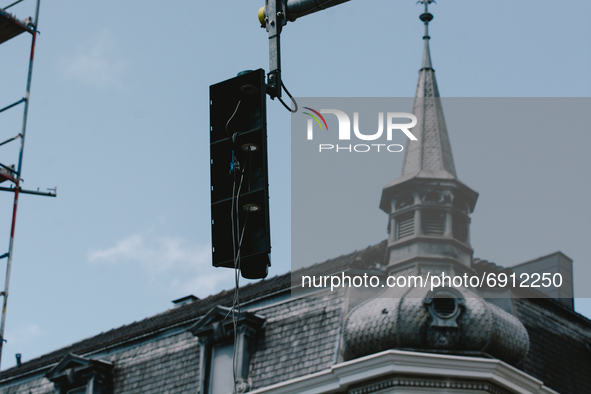 a broken traffic light are seen in Stolberg, Germany on July 28, 2021 