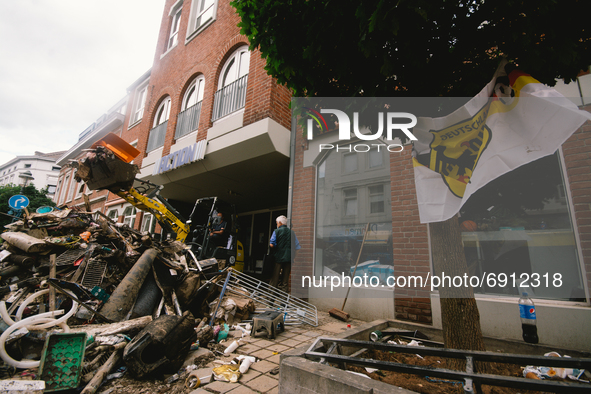 piled of destroyed furnitures are seen in city center of Stolberg, Germany on July 28, 2021 