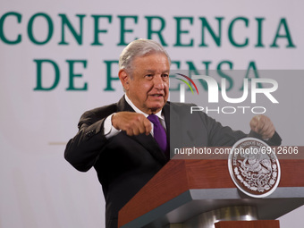 Mexico’s President Andres Manuel Lopez Obrador, talks about spy software ‘Pegasus’ during his daily news conference at National Palace on Ju...