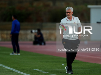AS Roma's head coach Jose Mourinho looks on during an international club friendly football match between AS Roma and FC Porto at the Bela Vi...