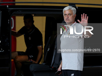 AS Roma's head coach Jose Mourinho waves goodbye after an international club friendly football match between AS Roma and FC Porto at the Bel...