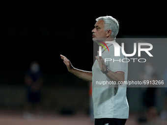 AS Roma's head coach Jose Mourinho reacts during an international club friendly football match between AS Roma and FC Porto at the Bela Vist...