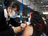 A Health worker, applies a  Sputnik V dose to a young  inside at the Palacio de los Deportes during the mass vaccination against Covid 19 fo...