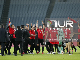  Players of Team Egypt celebrate after victory in the Men's Group C match between Australia and Eygpt on day five of the Tokyo 2020 Olympic...