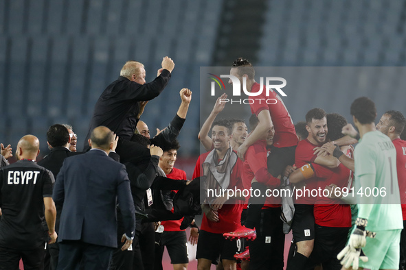  Players of Team Egypt celebrate after victory in the Men's Group C match between Australia and Eygpt on day five of the Tokyo 2020 Olympic...