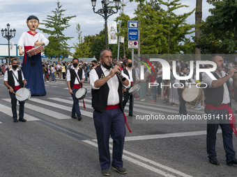Traditional musicians (Pito and Tambor) parade through the streets of Santander to commemorate the Day of Institutions, which is considered...