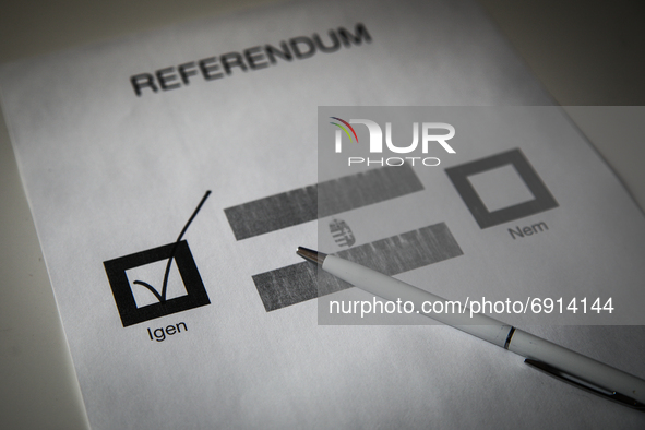 A form with yes and no answer choices is seen with a Hungarian flag in this photo illustration in Warsaw, Poland on July 23, 2021. After fie...