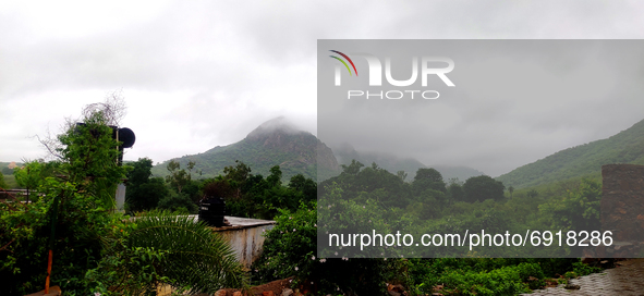 Monsoon Rain clouds are Hovering over the Hill in Pushkar, Rajasthan, India on 31 July 2021. 
