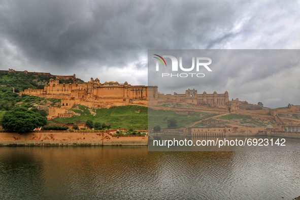 Dark clouds hover over the historical Amer Fort during the monsoon season in Jaipur, Rajasthan, India, on August 1, 2021.  