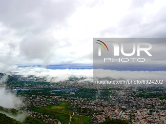 A Aerial view of Ajmer City during Clouds Hover over during the Monsoon Season in Ajmer, Rajasthan, India, on 1st August 2021. (
