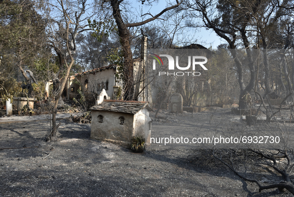 A house is   destroyed  by the wildfire in the northern suburb of Athens Varimpompi, on August 4, 2021. 