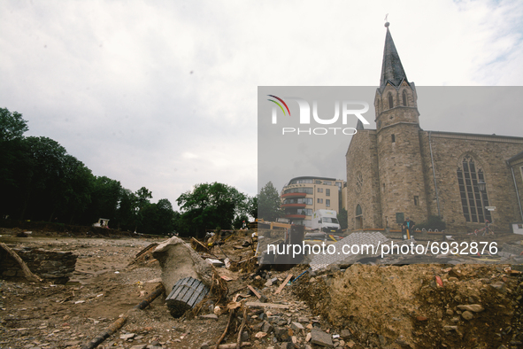 Flooded scene is seen in front of Evangelical Church in Bad Neuenahr-Ahrweiler, Germany on August 4, 2021 as two weeks after flood disaster 