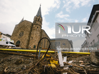 Flooded scene is seen in front of Evangelical Church in Bad Neuenahr-Ahrweiler, Germany on August 4, 2021 as two weeks after flood disaster...