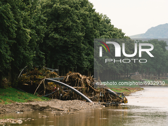 flooded scene is seen along the Ahr river in Bad Neuenahr-Ahrweiler, Germany on August 4, 2021 as two weeks after flood disaster (