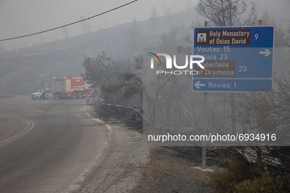 Wildfire in Sipiada, Greece, in Evia island, on August 5, 2021. -At least 150 houses have been destroyed by a raging fire that surrounded a...