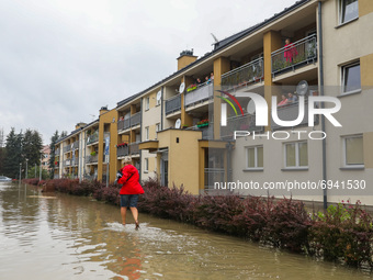 Streets and households areas of Bierzanow district are flooded with water after heavy rain shower in Krakow, Poland on August 6th, 2021.  (