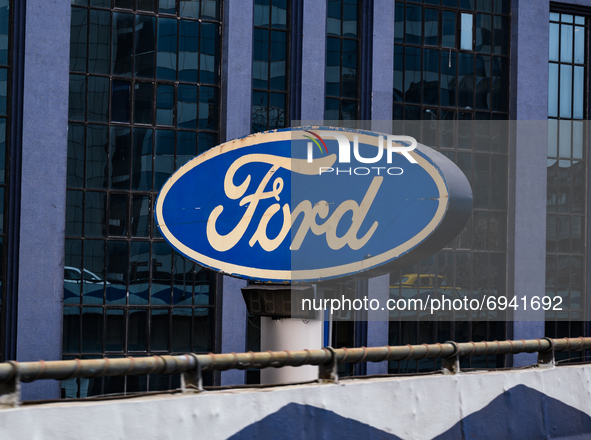 American automobile company Ford sign is seen from the 'Maa flyover' in Kolkata, West Bengal, India on 03 August, 2021.  