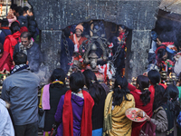 Devotees offer prayers and sacrifice animals to the Goddess Kali at Dakshinkali Temple in Nepal, on December 13, 2011. Dakshinkali Temple is...