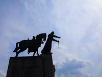A statue of Gediminas, grand duke of Lithuania, is seen in Vilnius, Lithuania on July 27, 2021. (