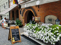 Restaurants at Old Town in Vilnius, Lithuania on July 27, 2021. (