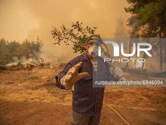 Firefiighters in the Pefki village, in Evia Island, Greece, on August 8, 2021. The European Union announced that it would be sending aid to...