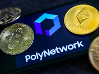 Poly Network logo displayed on a phone screen and representation of cryptocurrencies are seen in this illustration photo taken in Sulkowice,...