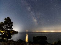 The Milky Way in the dark Greek night sky with the illuminating stars, part of the galaxy that contains our Solar System as seen from a sand...