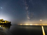 The Milky Way in the dark Greek night sky with the illuminating stars, part of the galaxy that contains our Solar System as seen from a sand...