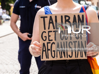 Polish people demonstrate in front of US consulate to express their support to Afghanistan which recently was taken over by the Taliban afte...