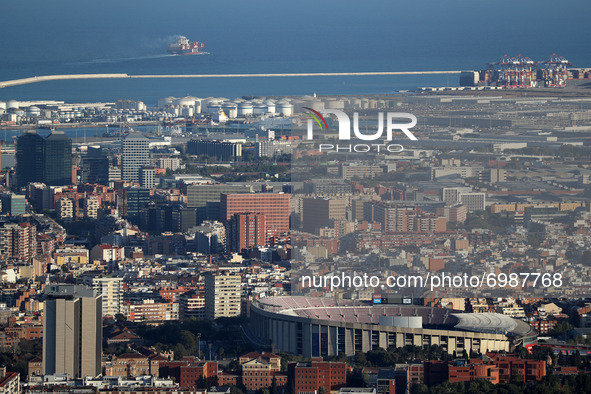 A view of the port of Barcelona, Spain, on August 23, 2021. The port of Barcelona is the most polluted port in Europe, ahead of Palma de Mal...