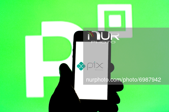 In this photo illustration a Pix logo seen displayed on a smartphone with a PicPay logo in the background. 