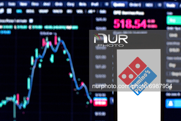 In this photo illustration a Domino's Pizza logo seen displayed on a smartphone with the stock market information of Domino's Pizza in the b...