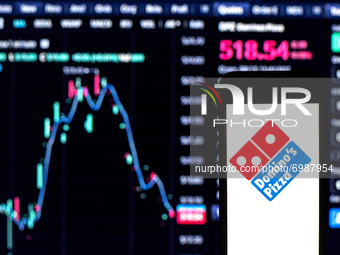 In this photo illustration a Domino's Pizza logo seen displayed on a smartphone with the stock market information of Domino's Pizza in the b...
