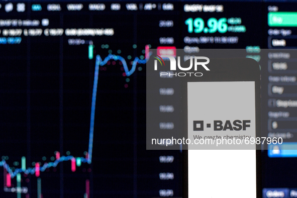In this photo illustration a BASF SE logo seen displayed on a smartphone with the stock market information of BASF SE in the background. 