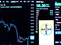 In this photo illustration a Bayer AG logo seen displayed on a smartphone with the stock market information of Bayer AG in the background. (