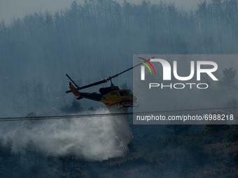 Australian Bell 214B helicopters at the Vilia wildfire.  On August 23rd, in 2021 in Vilia, Attica (Athens), Greece. (