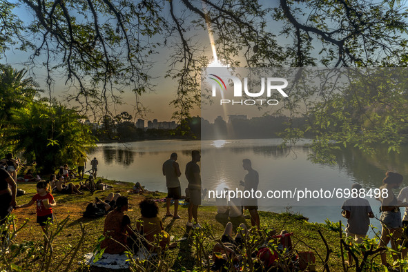 People enjoy a sunny and warm day at Ibirapuera Park in Sao Paulo, Brazil, on August 23, 2021. Air humidity is below 25% in the city of SP a...