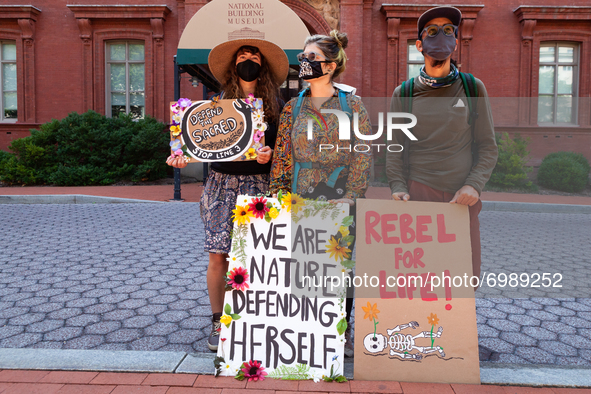 A few of the hundreds of demonstrators protesting against Enbridge's Line 3 oil pipeline during a demonstration sponsored by Shut Down DC an...