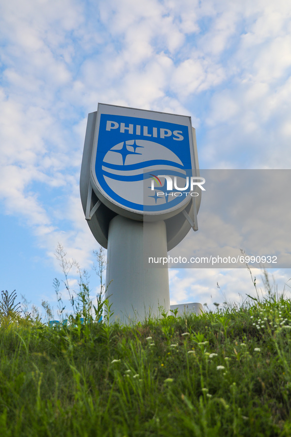 Philips logo sign in front of the office building in Warsaw, Poland on July 29, 2021.  