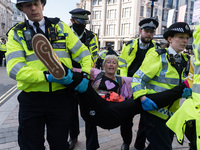 LONDON, UNITED KINGDOM - AUGUST 25, 2021: Police officers carry an environmental activists from Extinction Rebellion who was arrested for bl...