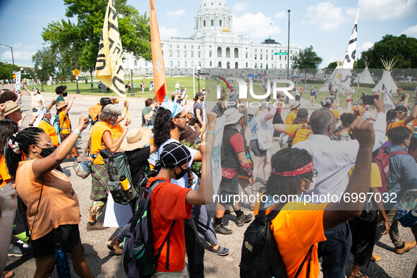 More than a thousand water protectors gathered at Saint Paul, the Minnesota State Capitol, USA on August 25, 2021 for ''Treaties Not Tar San...