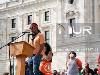 Jim Northrup speaks during a rally at Saint Paul, the Minnesota State Capitol, USA on August 25, 2021 for ''Treaties Not Tar Sands,'' a peac...