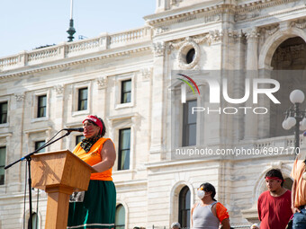 Jaike Spotted Wolf speaks during a rally at Saint Paul, the Minnesota State Capitol, USA on August 25, 2021 for ''Treaties Not Tar Sands,''...