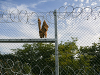 A barbwire fence erected by Hungary at the border line between Serbia and Hungary in Roszke, southern Hungary on September 14, 2015. A razor...