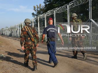 Hungarian soldiers and police are walking along a barbwire fence between Serbia and Hungary in Roszke, southern Hungary on September 14, 201...