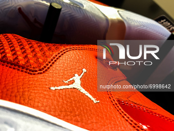 Air Jordan logo is seen on the shoe in the store in Krakow, Poland on August 26, 2021. (